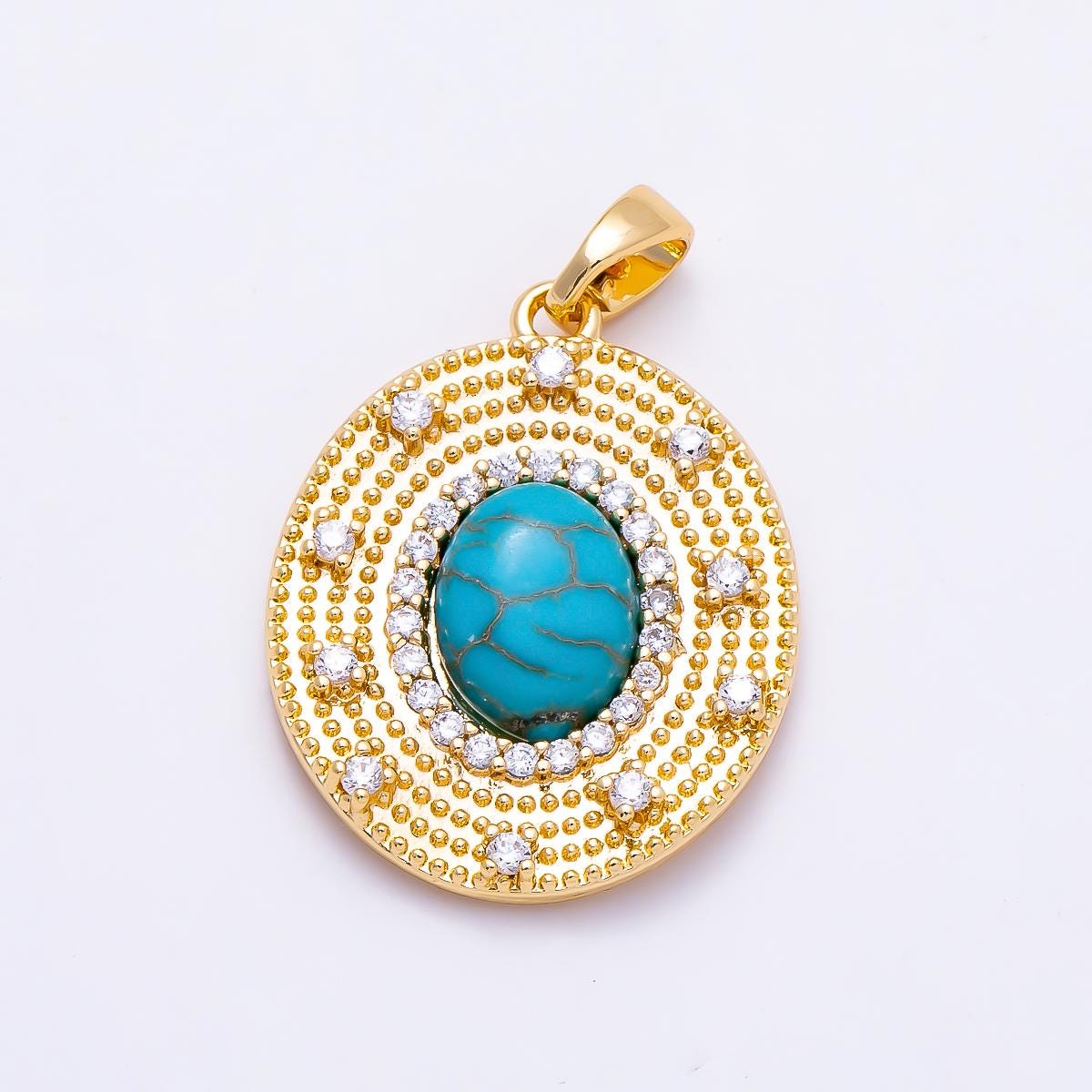 16K Gold Filled 23mm Turquoise, Tiger Eye Cabochon Micro Paved CZ Dotted Oval Pendant Bohemian Necklace Statement Gift for her| Charms-01495