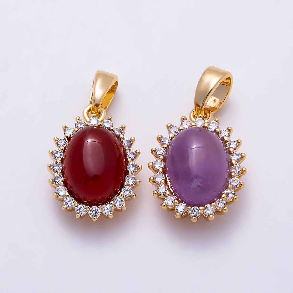 16K Gold Filled 14.5mm Carnelian, Amethyst Cabochon CZ Outline Oval Pendant Sparkling Elegant DIY Necklace Supply Gift for her| Charms-01497