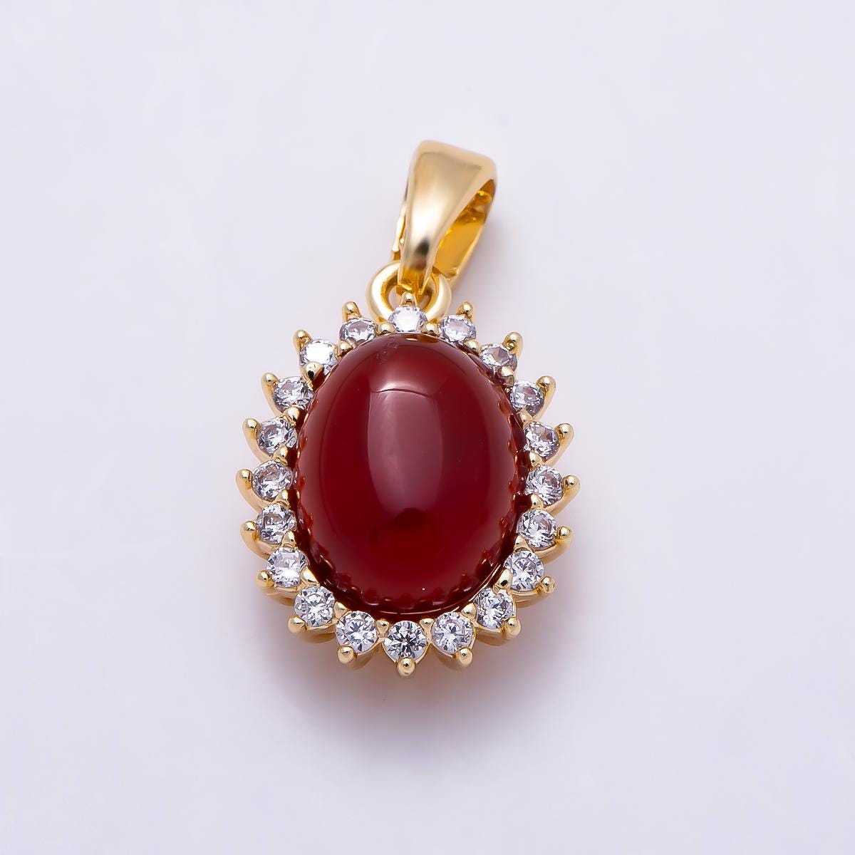 16K Gold Filled 14.5mm Carnelian, Amethyst Cabochon CZ Outline Oval Pendant Sparkling Elegant DIY Necklace Supply Gift for her| Charms-01497