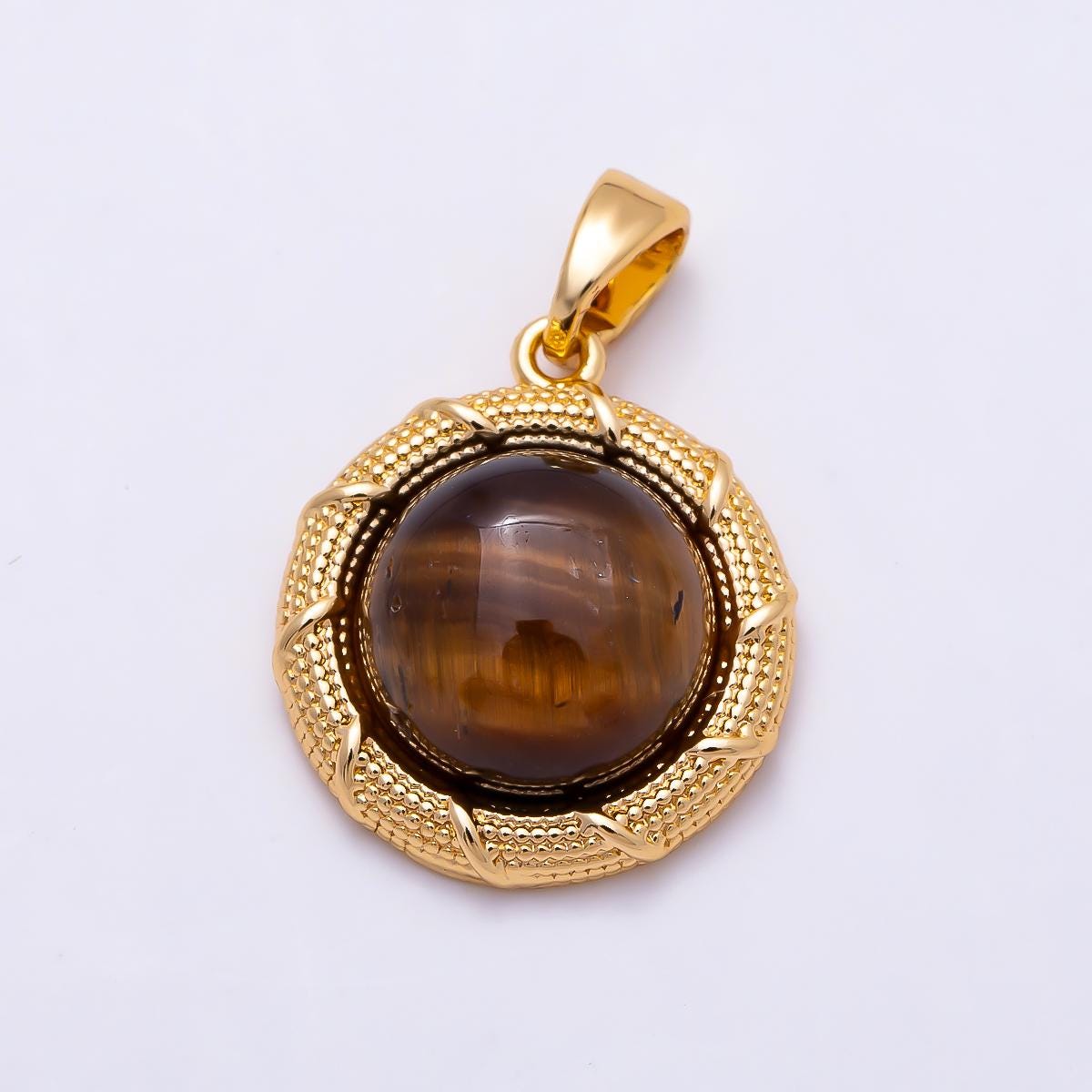 16K Gold Filled 17mm Tiger Eye Cabochon Dotted Lined Bezel Round Pendant Bohemian Jewelry Supply Gift for Her Necklace | Charms-01499
