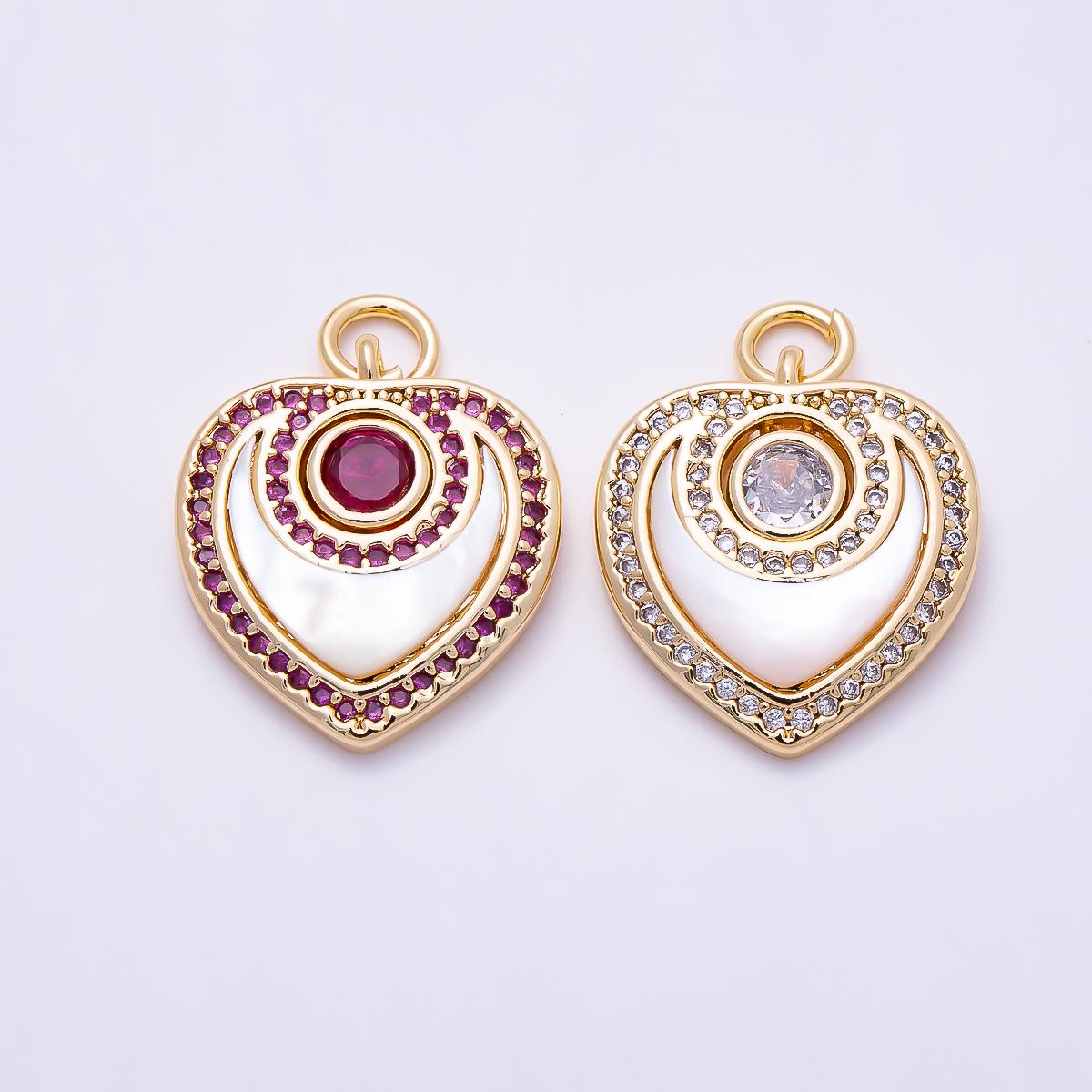 16K Gold Filled 18mm Fuchsia, Clear Micro Paved CZ Shell Pearl Heart Charm Romantic Jewelry Supply Gift for her Necklace | Charms-01501