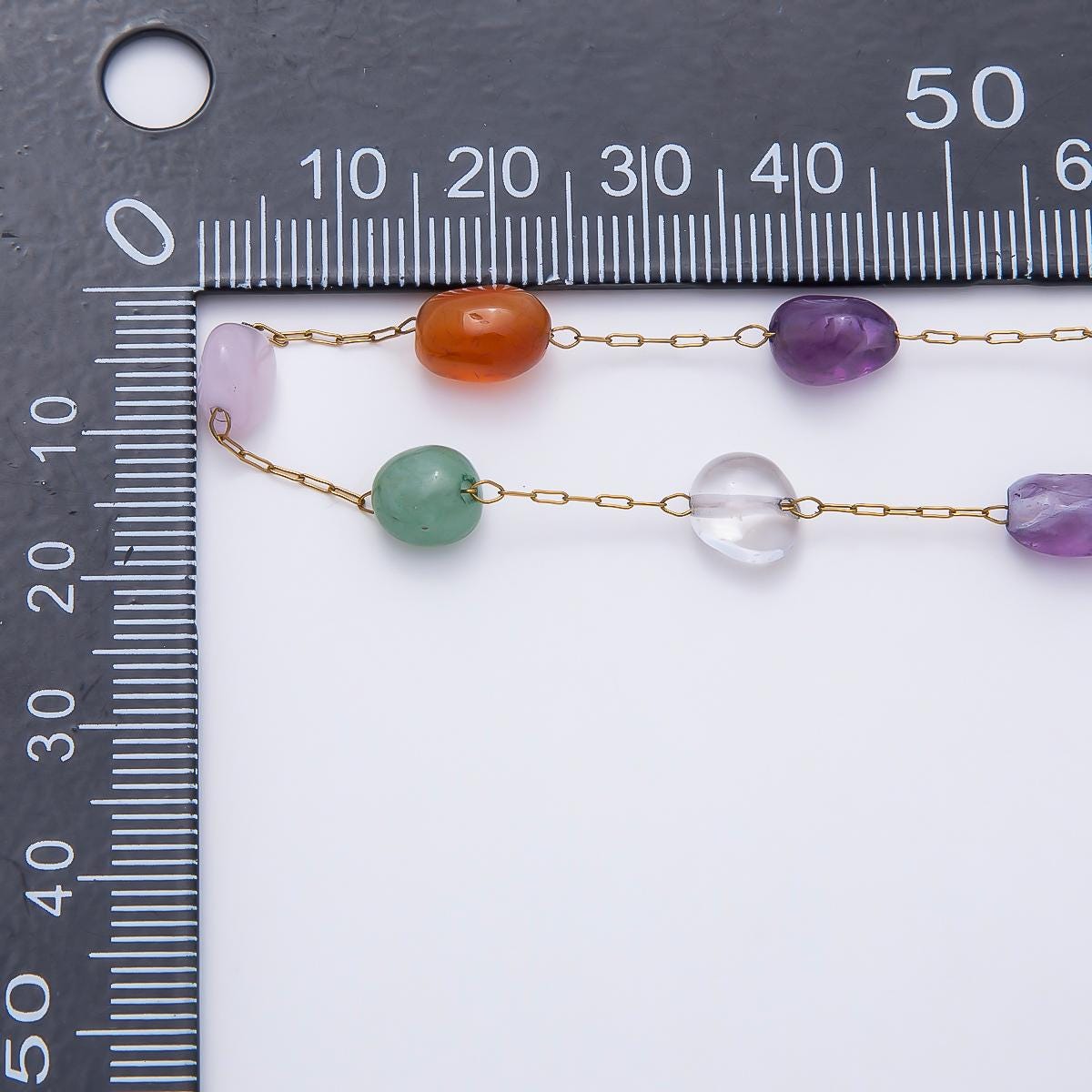 Colorful gemstone beaded chain on PVD Gold Stainless Steel rosary paperclip chain by yard | ROLL-1883