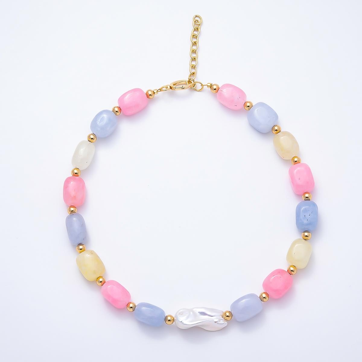 Colorful Gemstone Bead Necklace with Baroque Pearl, Pastel Cotton Candy Beaded Choker, Gold Accent Necklace, Summer Jewelry Gift WA-545