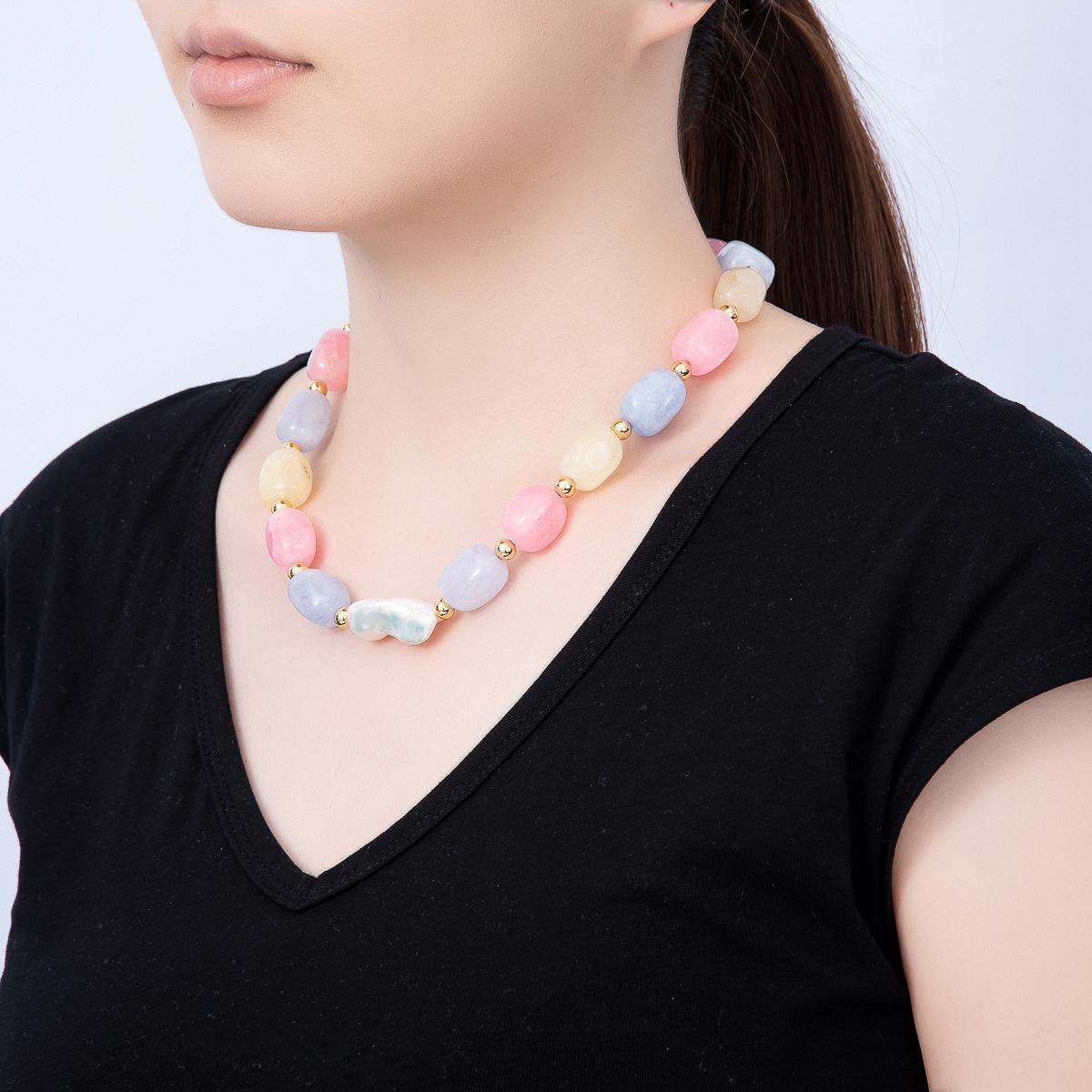 Colorful Gemstone Bead Necklace with Baroque Pearl, Pastel Cotton Candy Beaded Choker, Gold Accent Necklace, Summer Jewelry Gift WA-545