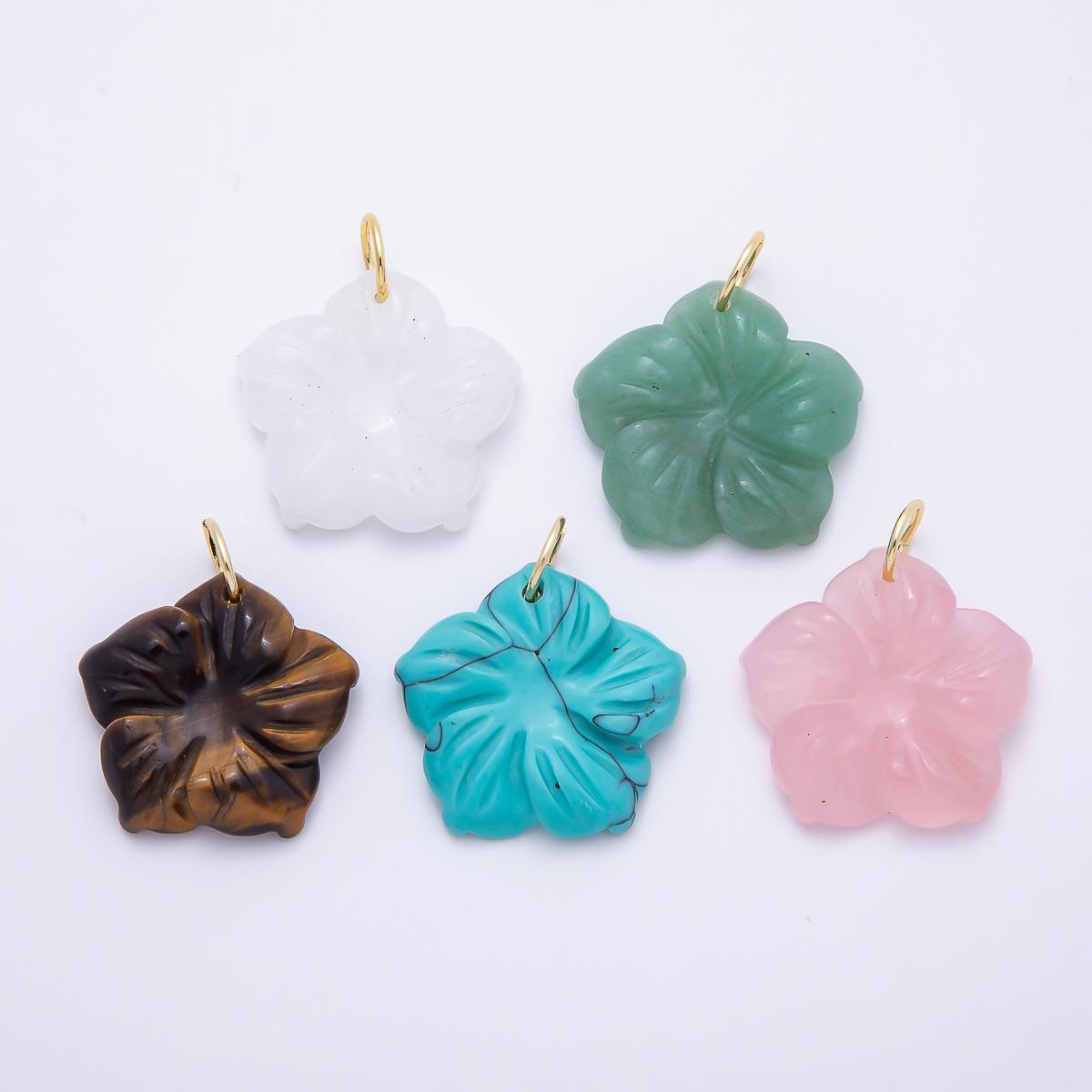 Stainless Steel 30mm White Quartz, Aventurine, Rose Quartz Gemstone Flower Charm Hibiscus Tropical Floral Trendy Jewelry | Charms-01425