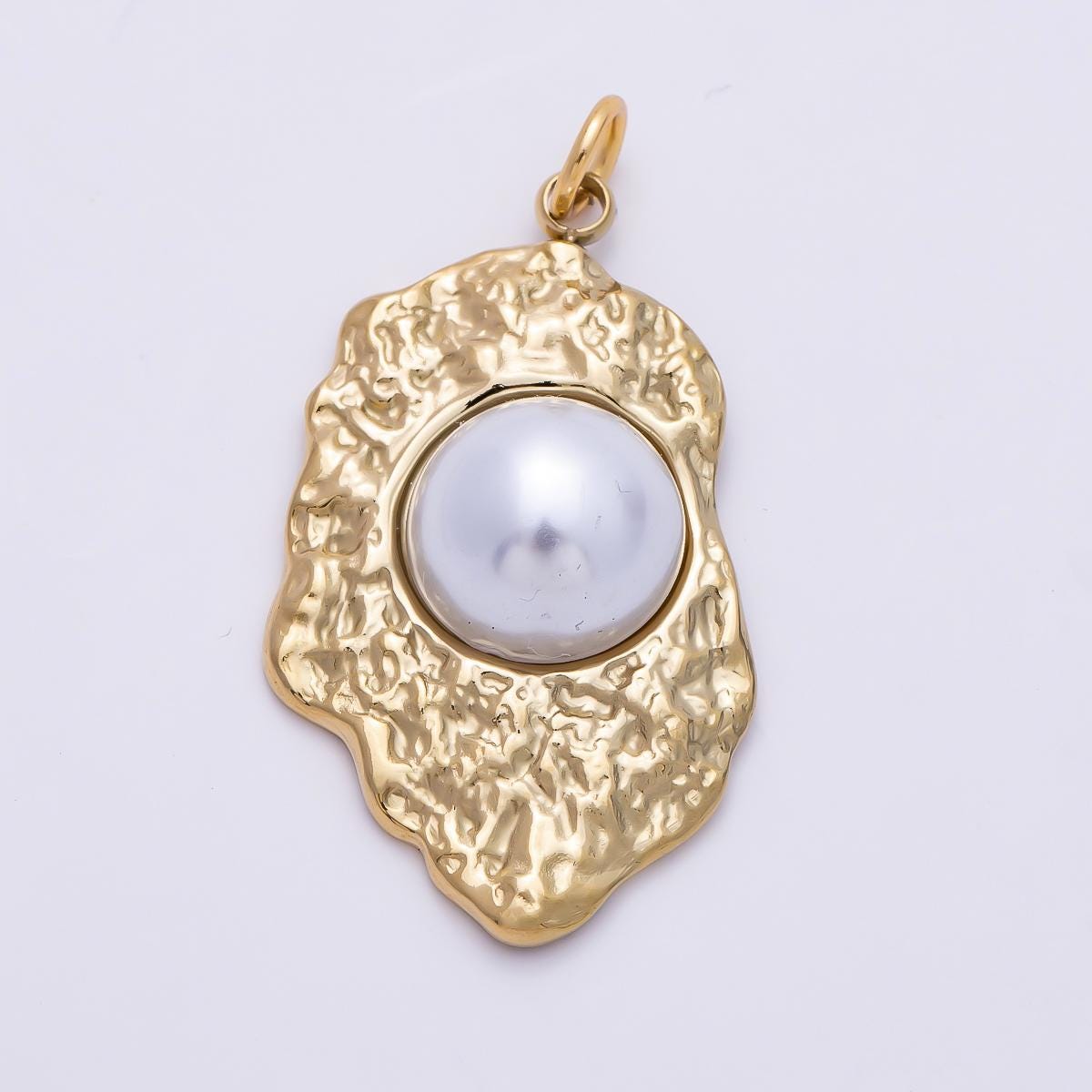 PVD Gold Stainless Steel 30mm White Shell Pearl Hammered Molten Charm Abstract Trendy Jewelry DIY Supply for custom Necklace | Charms-01437