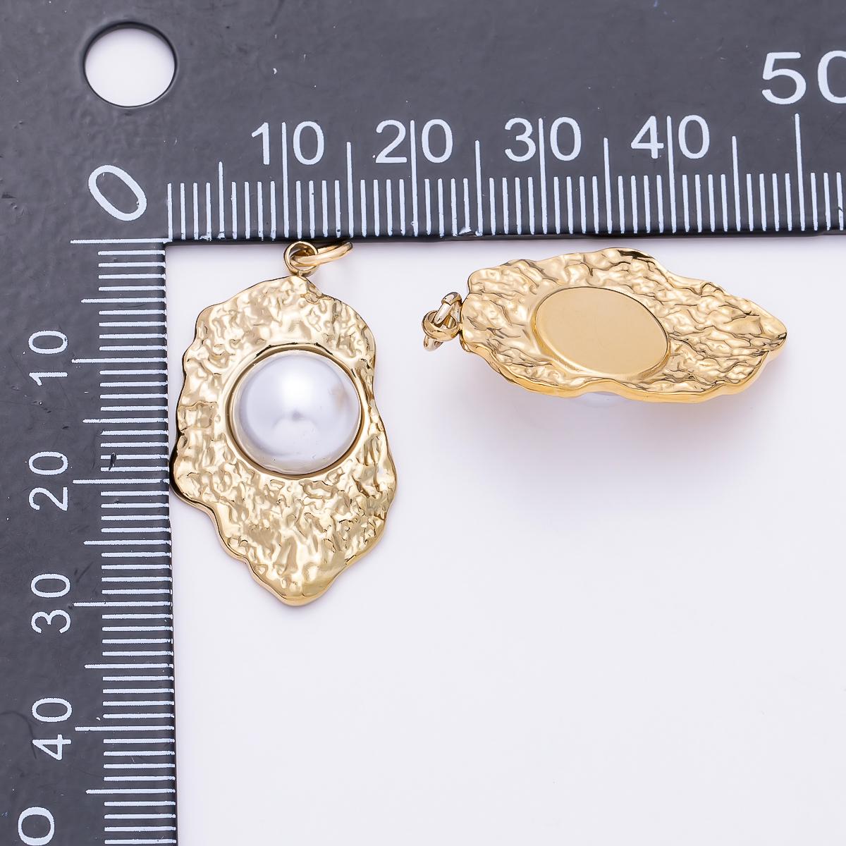 PVD Gold Stainless Steel 30mm White Shell Pearl Hammered Molten Charm Abstract Trendy Jewelry DIY Supply for custom Necklace | Charms-01437