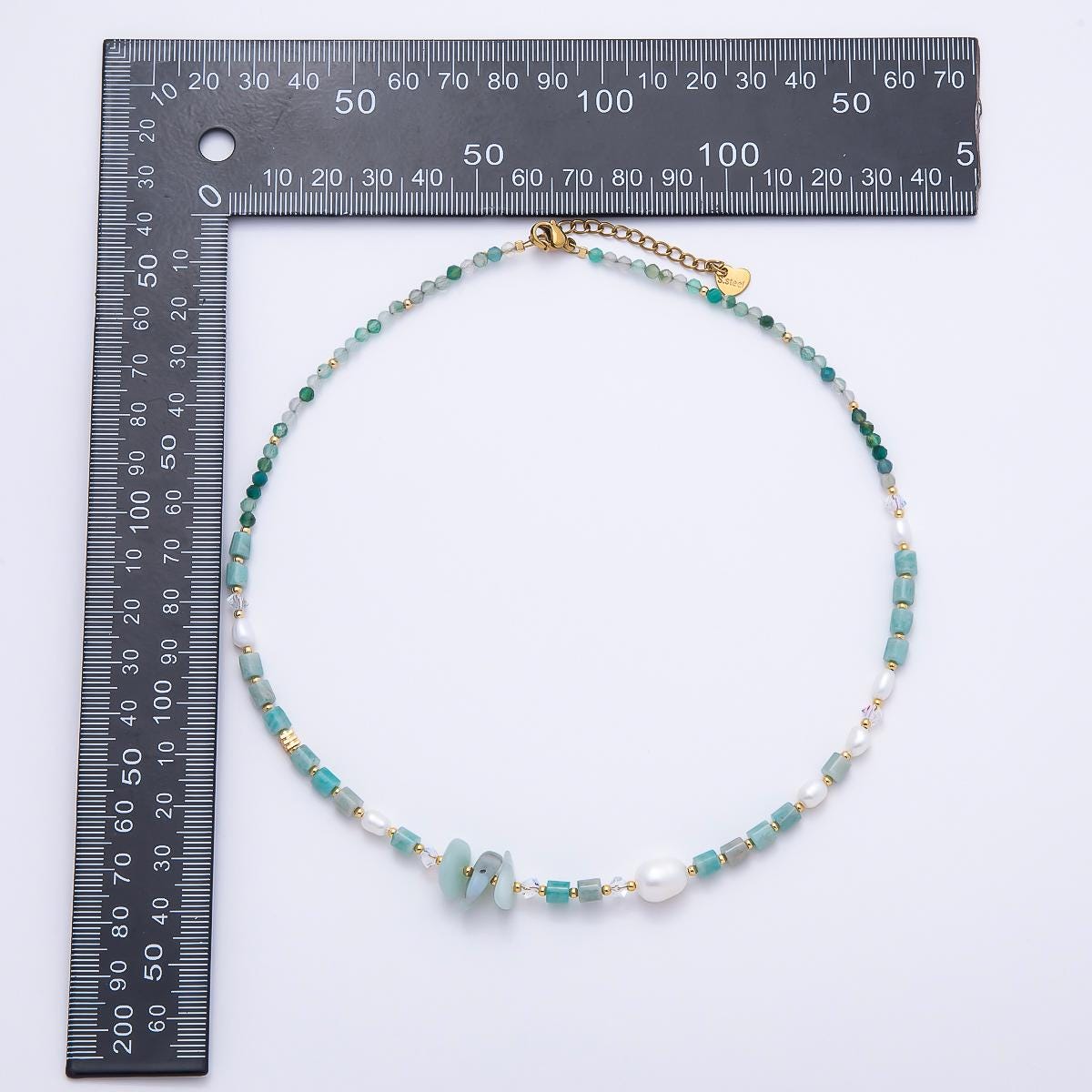 Handmade 4mm Shell Pearl Amazonite Tube Round Gemstone Chain 16 Inch Necklace Coastal Boho Mermaid Jewelry Gift for Her | WA-00317