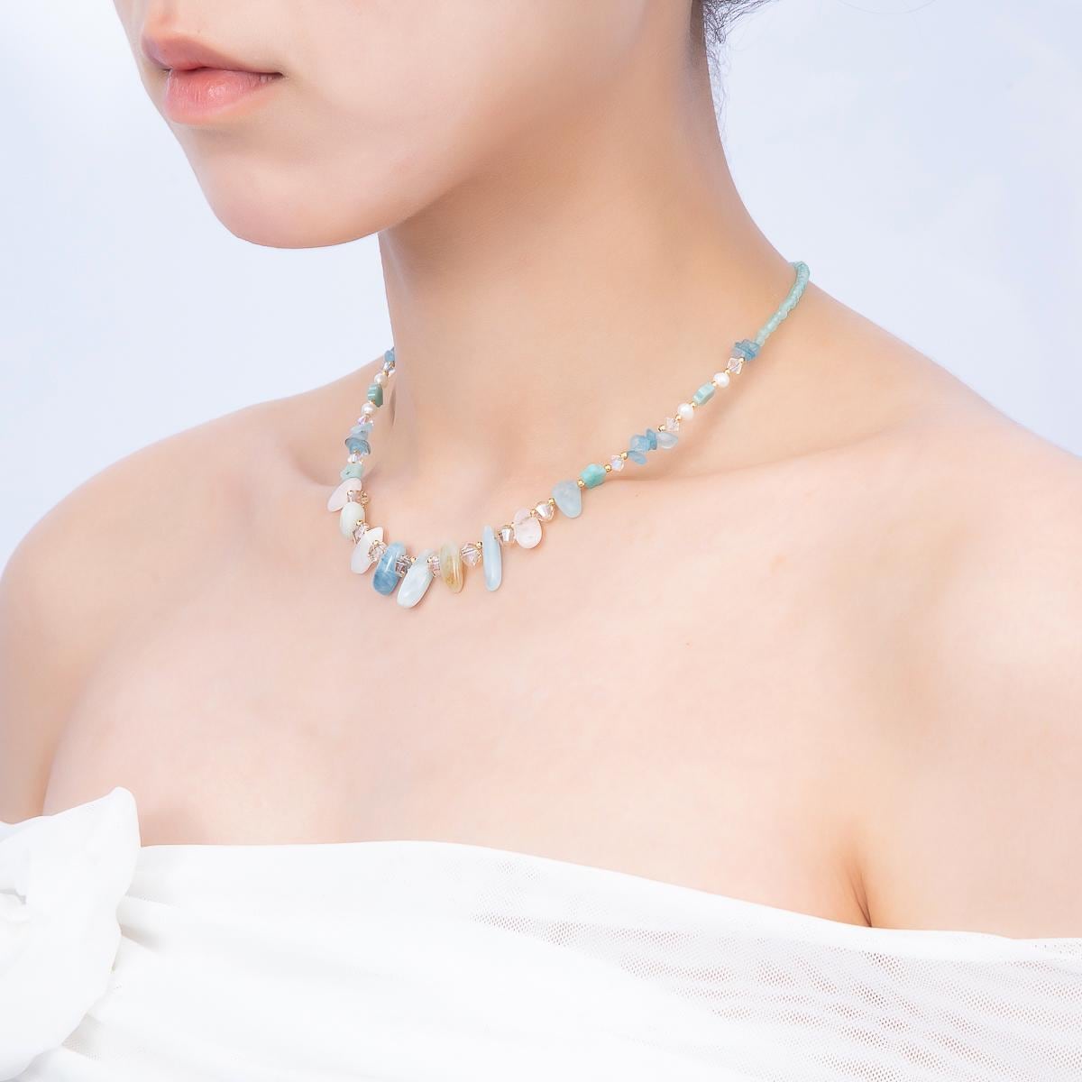 Handmade 3mm Blue Aquamarine Spiked Multifaceted Round Gemstone Chain 16 Inch Necklace Elegant Wedding Jewelry for Her | WA-00382