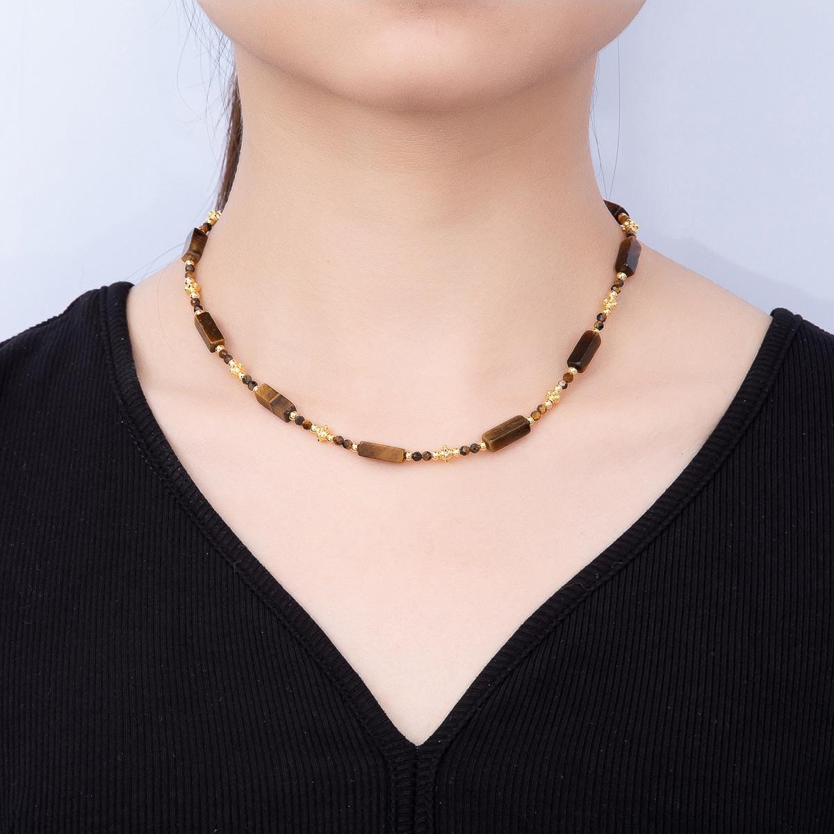 Handmade 3mm Tiger Eye Tube Rectangle Multifaceted Round Gemstone Chain 16.5 Inch Necklace Trendy Earthy Boho Jewelry | WA-00427