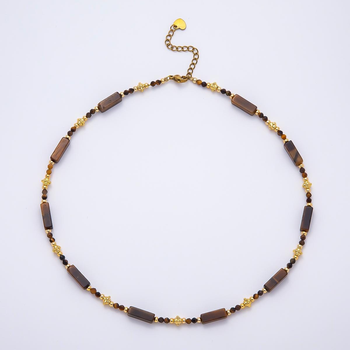 Handmade 3mm Tiger Eye Tube Rectangle Multifaceted Round Gemstone Chain 16.5 Inch Necklace Trendy Earthy Boho Jewelry | WA-00427