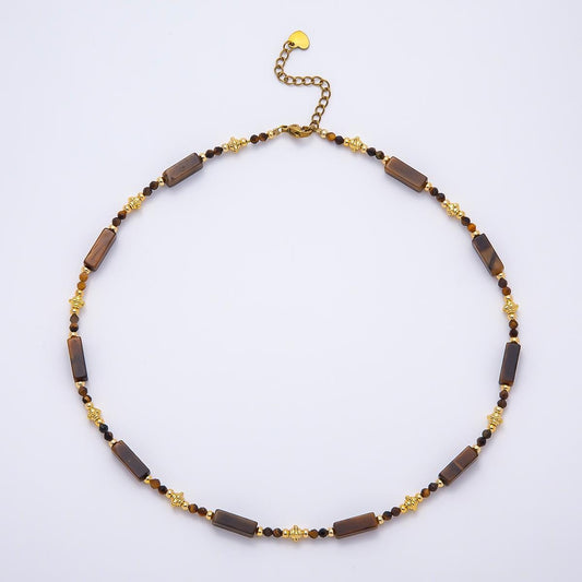 Handmade 3mm Tiger Eye Tube Rectangle Multifaceted Round Gemstone Chain 16.5 Inch Necklace Trendy Earthy Boho Jewelry | WA-00427
