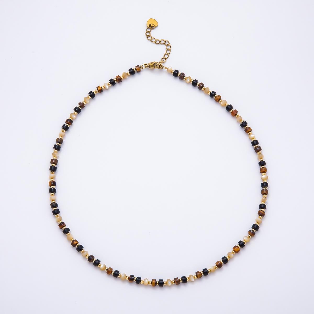 Handmade 3mm Tiger Eye Tube Rectangle Multifaceted Round Gemstone Chain 16.5 Inch Necklace Boho Earthy Jewelry Festival Theme | WA-00427