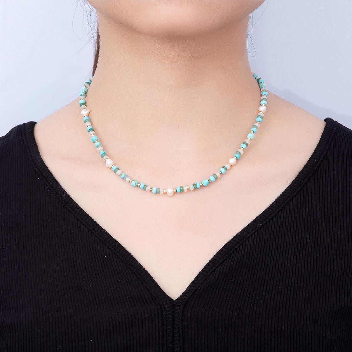 Handmade 4mm Shell Pearl Turquoise Aventurine Clear Quartz Rondelle Gemstone Chain 16in Necklace Iridescent Crystal Summer Theme | WA-00451