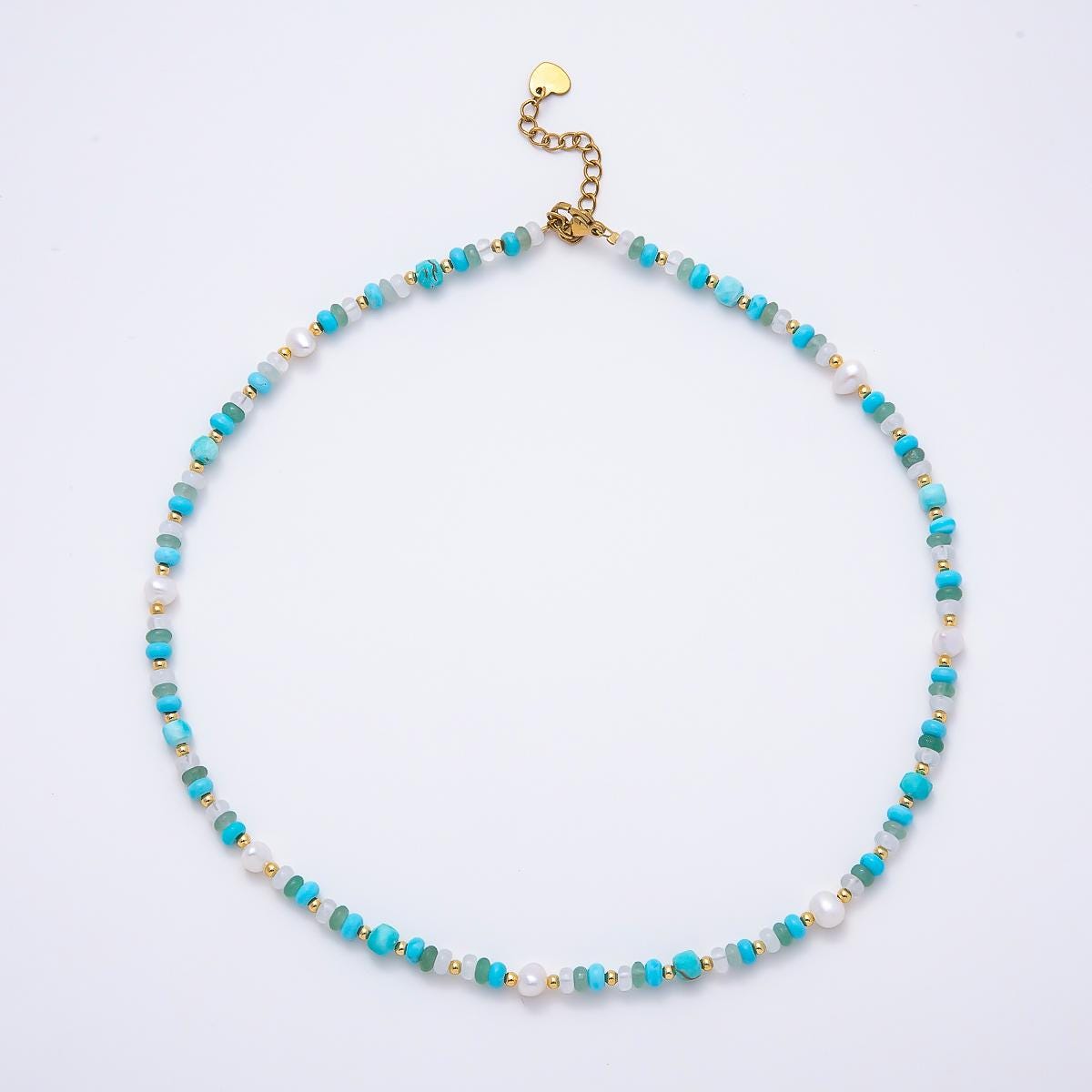 Handmade 4mm Shell Pearl Turquoise Aventurine Clear Quartz Rondelle Gemstone Chain 16in Necklace Iridescent Crystal Summer Theme | WA-00451