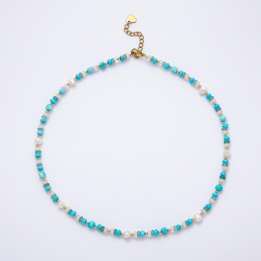 Handmade 4mm Shell Pearl Turquoise Aventurine Clear Quartz Rondelle Gemstone Chain 16in Necklace Iridescent Crystal Summer Theme | WA-00451