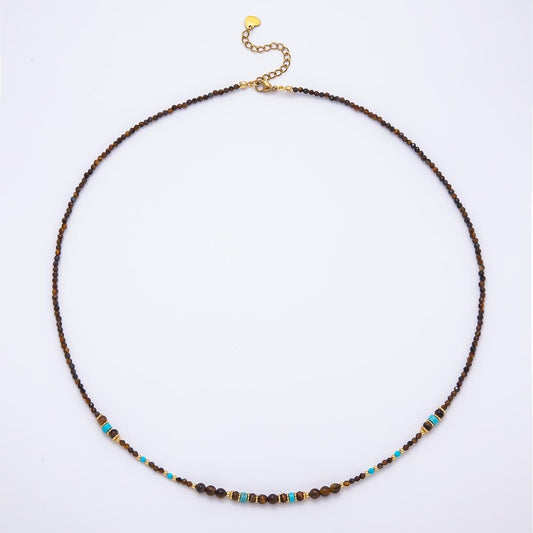 Handmade 4mm Turquoise Tiger Eye Round Gradient Gemstone Chain 22 Inch Necklace Boho Earthy Coastal Jewelry Gift for Her | WA-00491