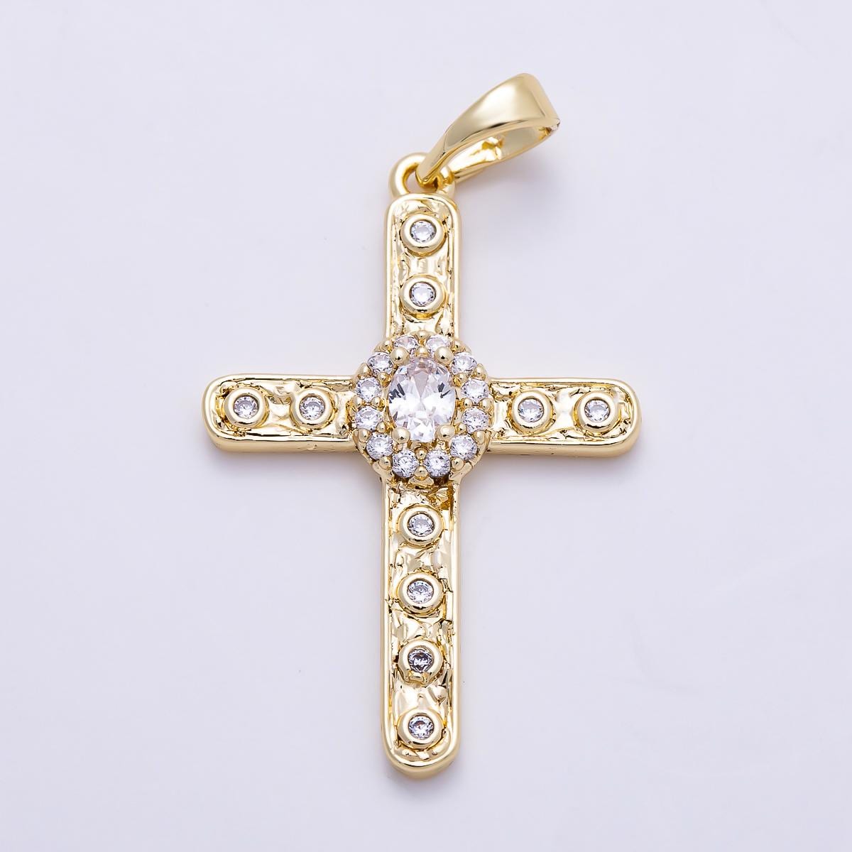 16K Gold Filled 30mm Clear CZ Micro Paved Dotted Hammered Religious Cross Pendant Crucifix Faith DIY Jewelry Making Supply | Charms-01398