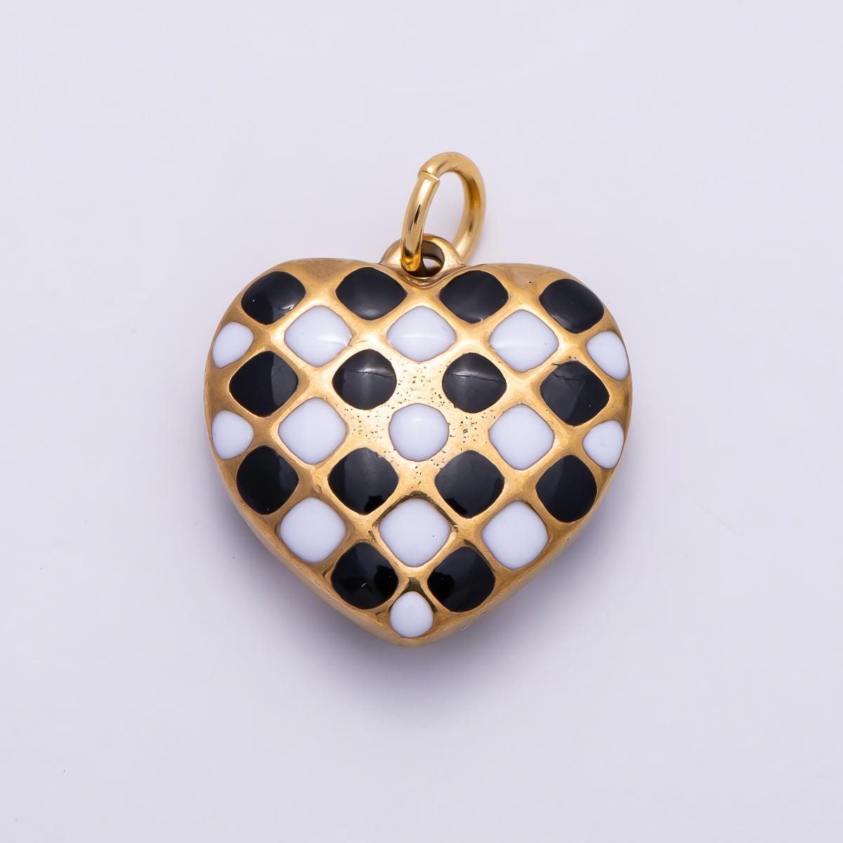 PVD Gold Stainless Steel 16mm Black & White Checkered Enamel Heart Charm Jewelry Making Supplies DIY Statement Necklace Craft | Charms-01428