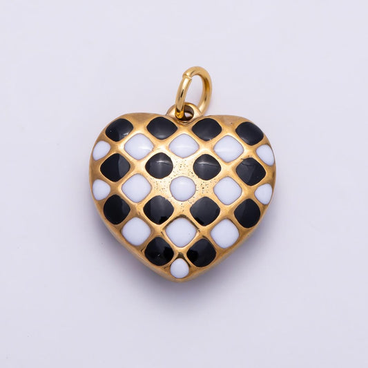 PVD Gold Stainless Steel 16mm Black & White Checkered Enamel Heart Charm Jewelry Making Supplies DIY Statement Necklace Craft | Charms-01428
