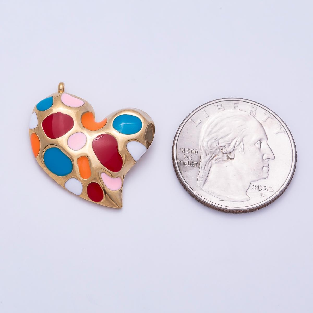PVD Gold Stainless Steel 30mm Multicolor, Green Enamel Abstract Dotted Heart Charm Mosaic Textured Jewelry Necklace Supply | Charms-01429