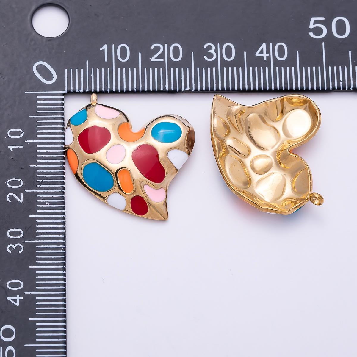 PVD Gold Stainless Steel 30mm Multicolor, Green Enamel Abstract Dotted Heart Charm Mosaic Textured Jewelry Necklace Supply | Charms-01429