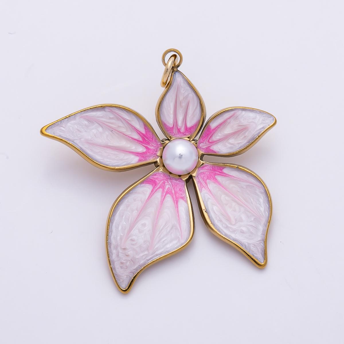 18K Gold Filled 32mm Shell Pearl Pink Enamel Flower Charm Floral Lily Jewelry Making Supplies DIY Statement Spring Necklace | Charms-01432