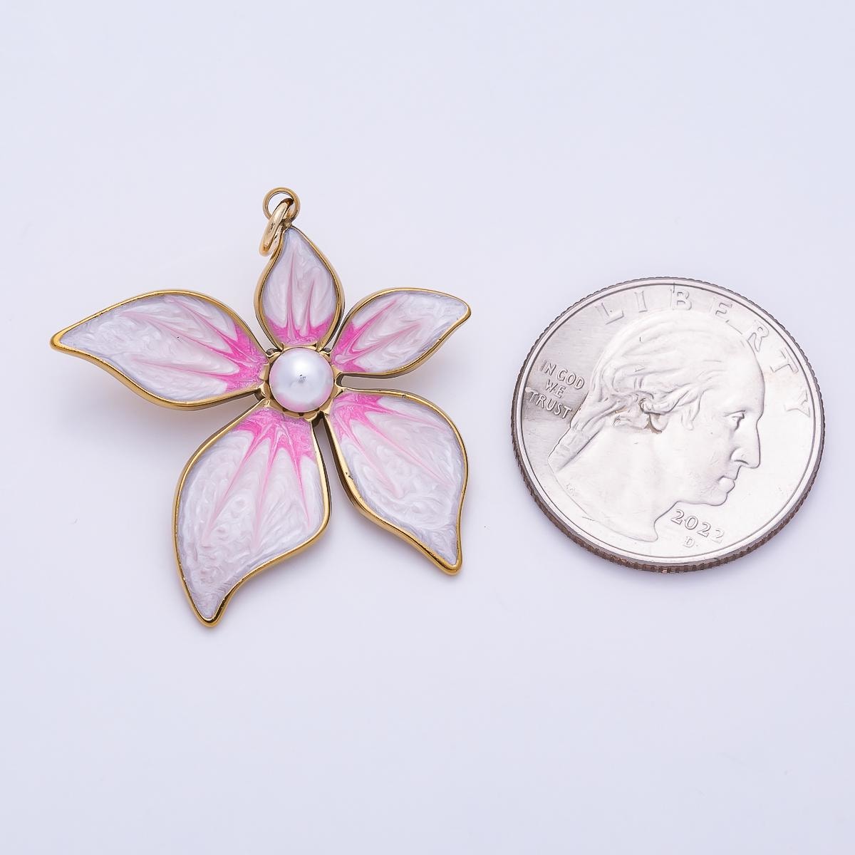 18K Gold Filled 32mm Shell Pearl Pink Enamel Flower Charm Floral Lily Jewelry Making Supplies DIY Statement Spring Necklace | Charms-01432