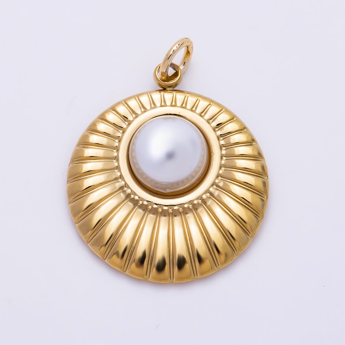 PVD Gold Stainless Steel 23mm Shell Pearl Ribbed Bezel Round Charm Statement Shell Pendant for Jewelry Making Celestial Coin | Charms-01436