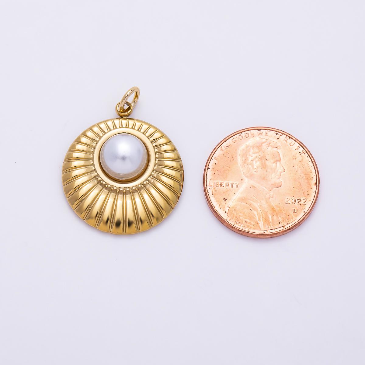 PVD Gold Stainless Steel 23mm Shell Pearl Ribbed Bezel Round Charm Statement Shell Pendant for Jewelry Making Celestial Coin | Charms-01436