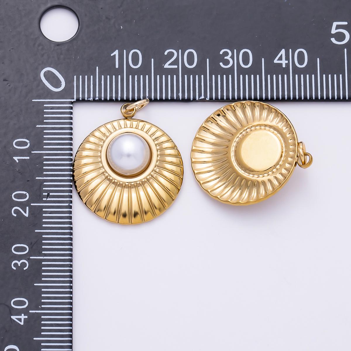 PVD Gold Stainless Steel 23mm Shell Pearl Ribbed Bezel Round Charm Statement Shell Pendant for Jewelry Making Celestial Coin | Charms-01436
