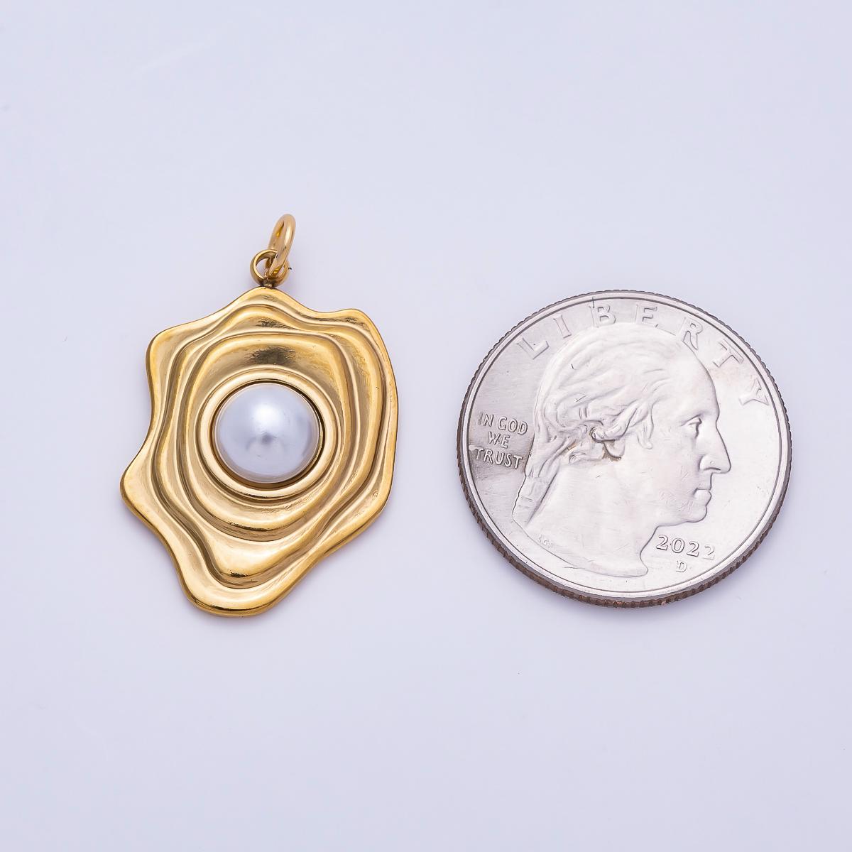 PVD Gold Stainless Steel 28mm Shell Pearl Lined Molten Geometric Charm Ripple Wavy Frame Pendant for Jewelry Making Necklace | Charms-01442