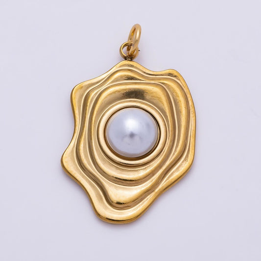 PVD Gold Stainless Steel 28mm Shell Pearl Lined Molten Geometric Charm Ripple Wavy Frame Pendant for Jewelry Making Necklace | Charms-01442