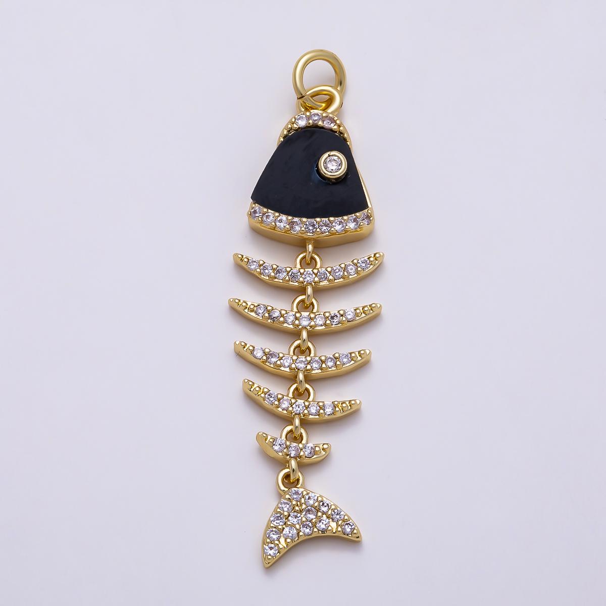 16K Gold Filled 38mm Turquoise, Shell Pearl, Malachite, Onyx, Carnelian Micro Paved CZ Fish Skeleton Charm for Necklace | Charms-01447