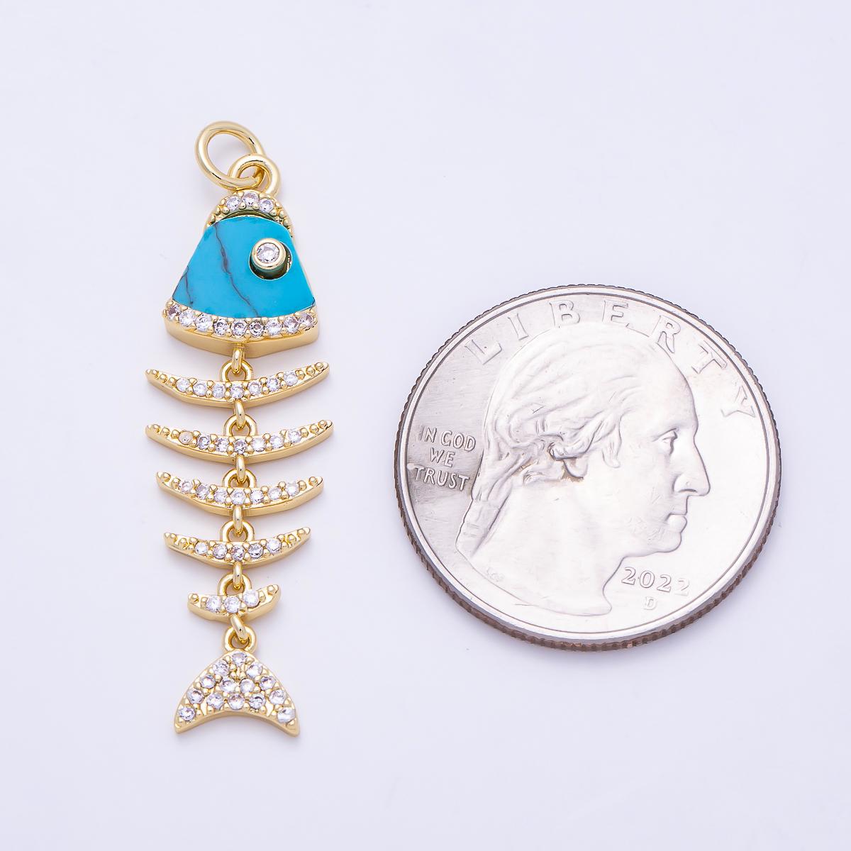 16K Gold Filled 38mm Turquoise, Shell Pearl, Malachite, Onyx, Carnelian Micro Paved CZ Fish Skeleton Charm for Necklace | Charms-01447