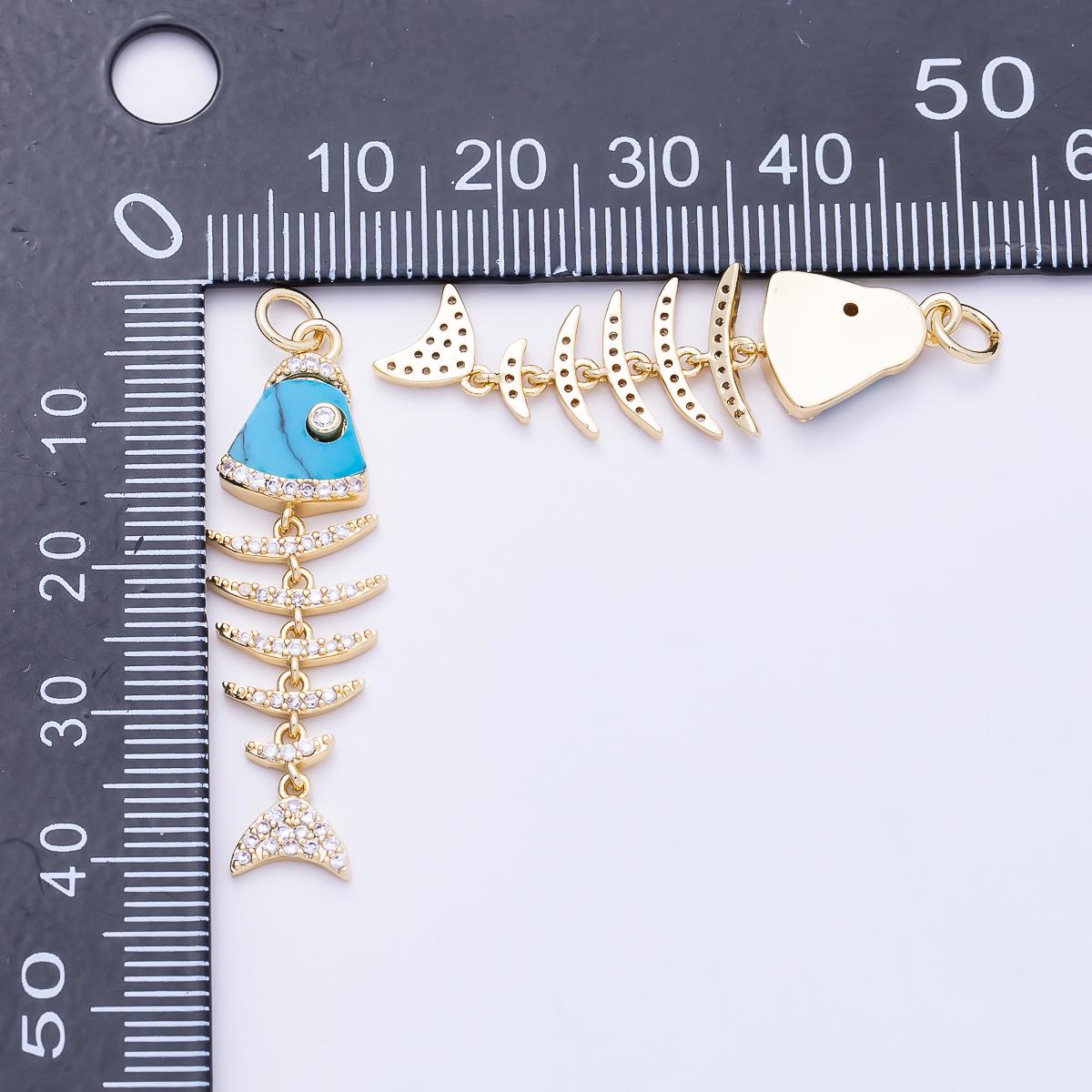 16K Gold Filled 38mm Turquoise, Shell Pearl, Malachite, Onyx, Carnelian Micro Paved CZ Fish Skeleton Charm for Necklace | Charms-01447