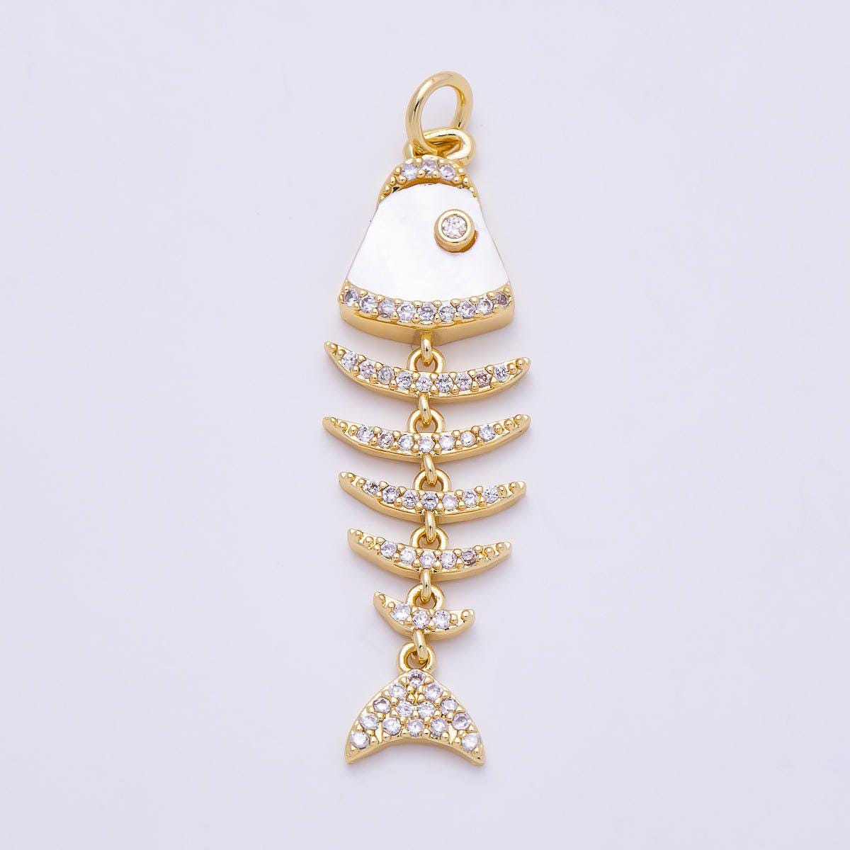 16K Gold Filled 38mm Turquoise, Shell Pearl, Malachite, Onyx, Carnelian Micro Paved CZ Fish Skeleton Charm for Necklace | Charms-01447