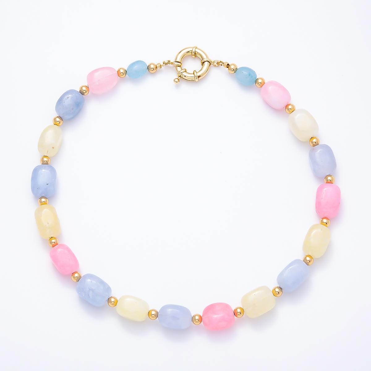 Handmade 12mm Pastel Multicolor Agate Gemstone Chain w. Sailor Clasps Charm Holder 20 Inch Necklace Spring Summer Pastel Jewelry | WA-00502