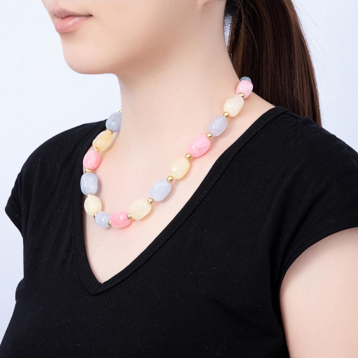 Handmade 12mm Pastel Multicolor Agate Gemstone Chain w. Sailor Clasps Charm Holder 20 Inch Necklace Spring Summer Pastel Jewelry | WA-00502