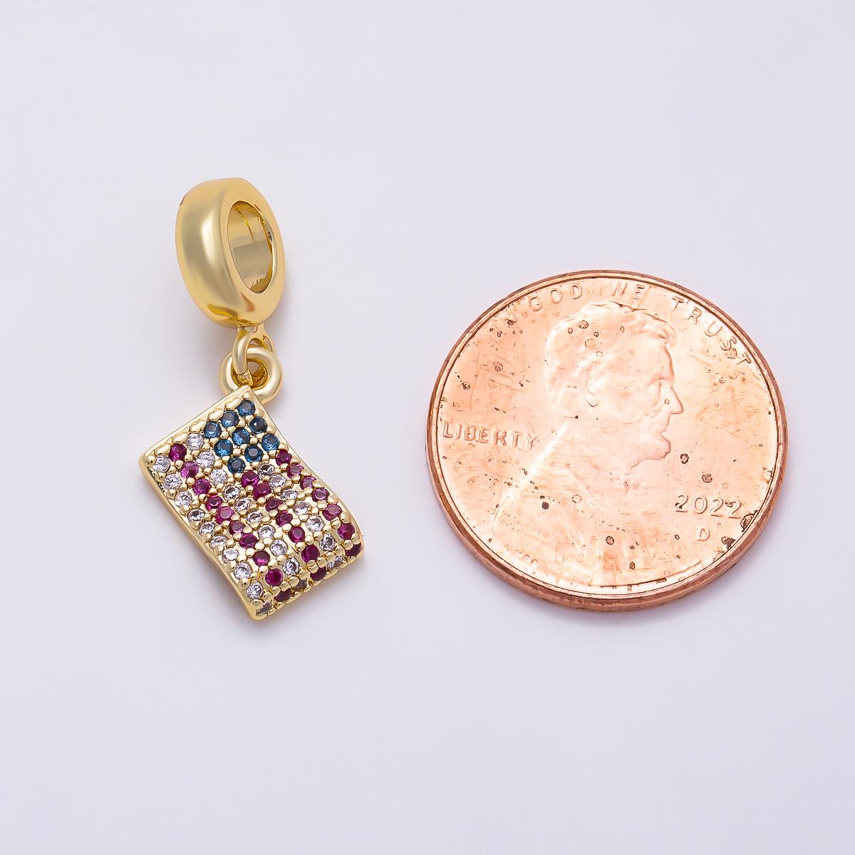 16K Gold Filled 13mm USA America Flag Micro Paved CZ Drop Rondelle Pendant in Gold & Silver Patriotic Jewelry DIY for Bracelet| Charms-01452