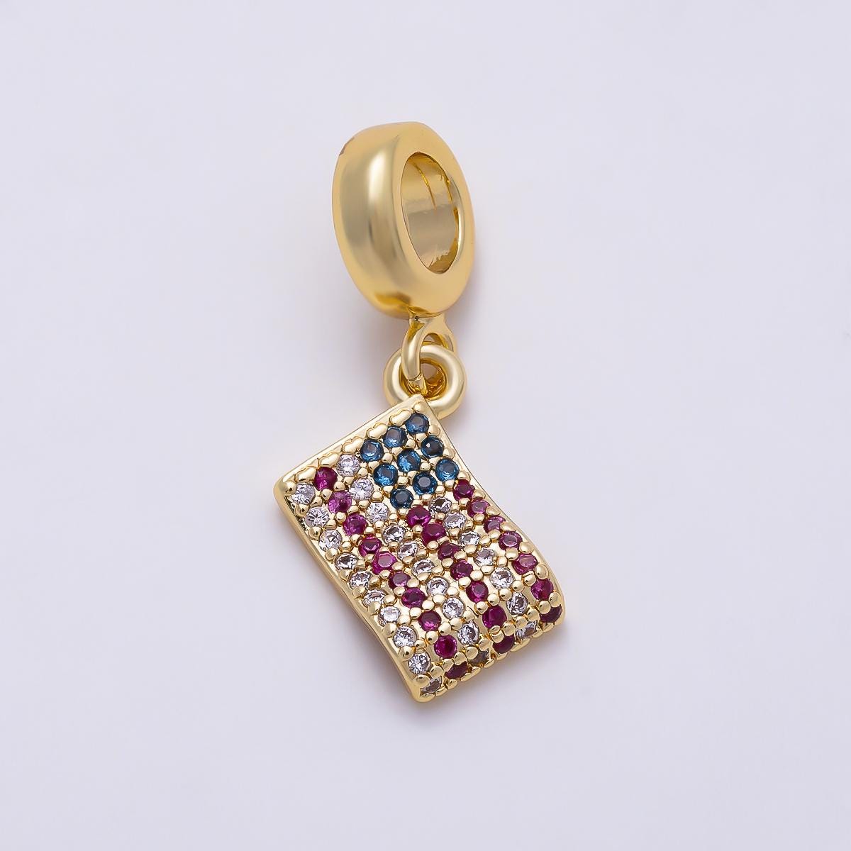 16K Gold Filled 13mm USA America Flag Micro Paved CZ Drop Rondelle Pendant in Gold & Silver Patriotic Jewelry DIY for Bracelet| Charms-01452