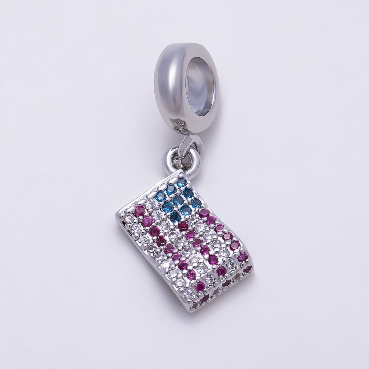 16K Gold Filled 13mm USA America Flag Micro Paved CZ Drop Rondelle Pendant in Gold & Silver Patriotic Jewelry DIY for Bracelet| Charms-01452