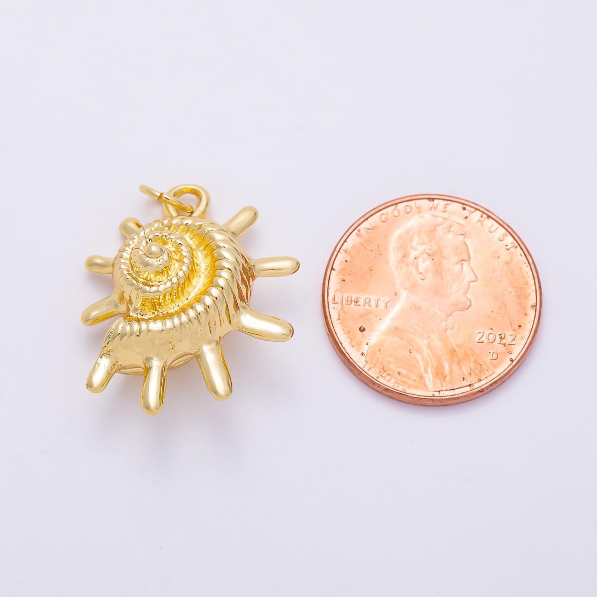 16K Gold Filled 22mm Ribbed Nautilus Seashell Sun Ray 3D Multidimensional Charm | Charms-01455