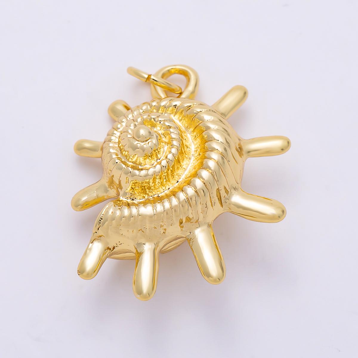 16K Gold Filled 22mm Ribbed Nautilus Seashell Sun Ray 3D Multidimensional Charm | Charms-01455