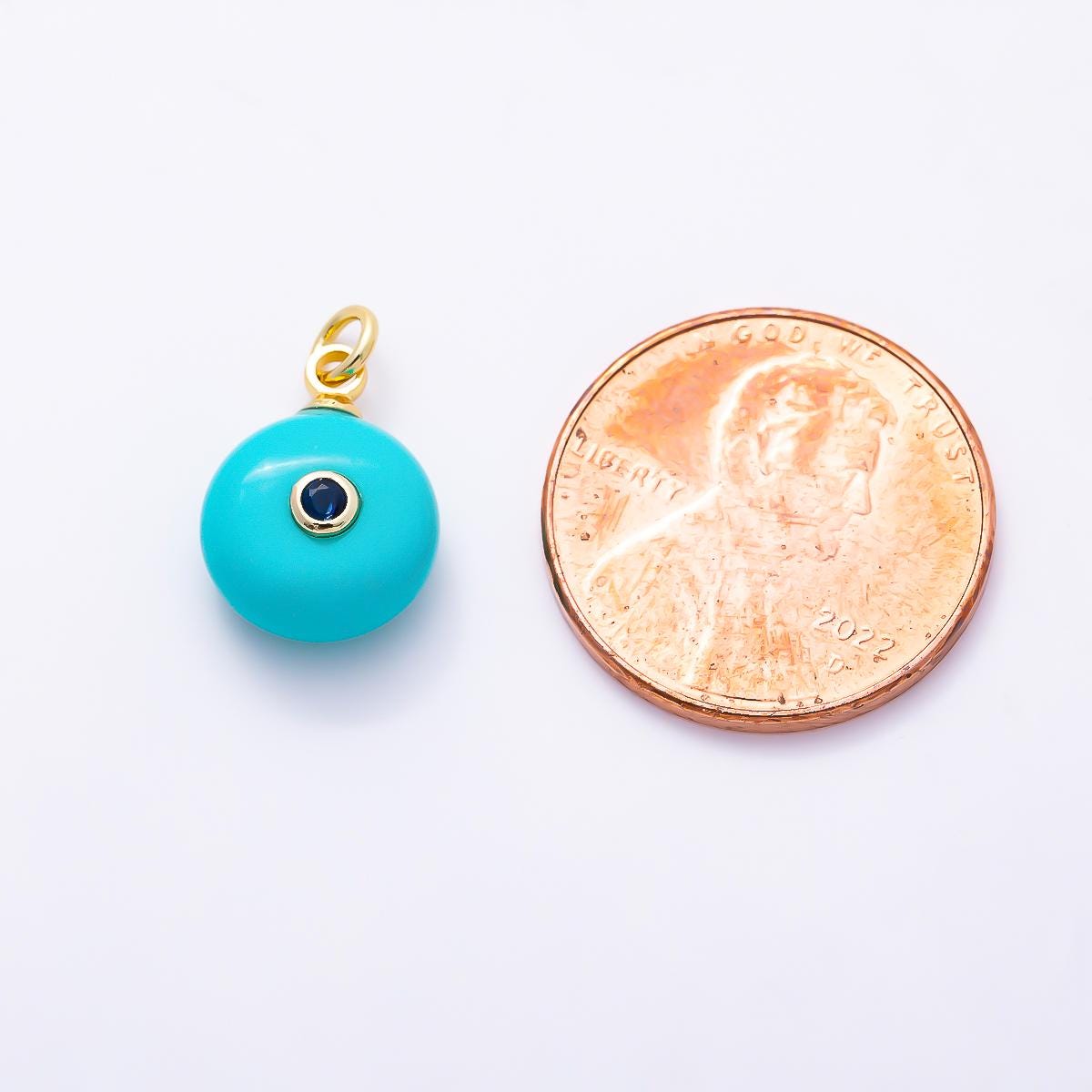 16K Gold Filled 13.5mm CZ Embedded Blue Apatite Gemstone Round Charm Evil Eye Protection Jewelry DIY Supply custom Necklace | Charms-01456