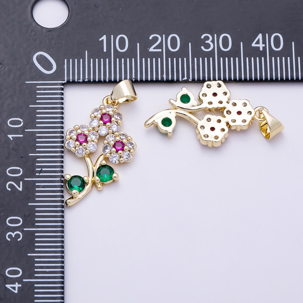 16K Gold Filled 24mm Multicolor Micro Paved CZ Triple Flower Pendant Colorful Botanical Birthstone Charm for Jewelry Making | Charms-01400