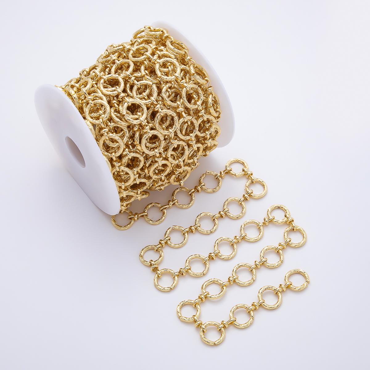 PVD Gold Stainless Steel 15mm Textured Round Circle Link Statement Unfinished Chain by Yard Wholesale Bulk custom Jewelry | Roll-01885