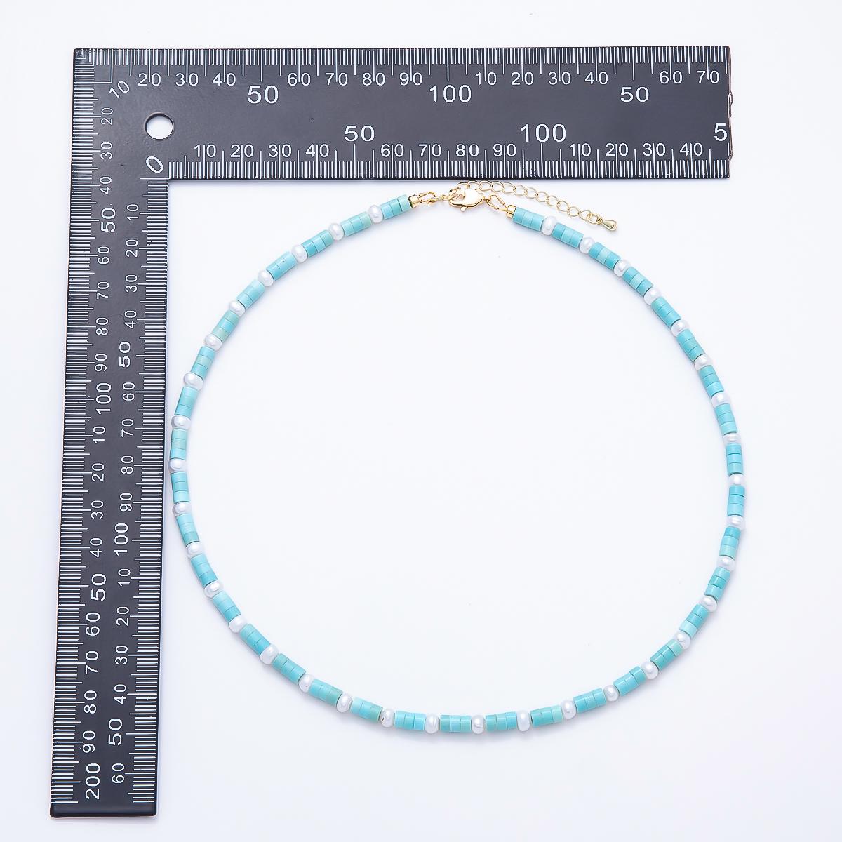 16K Gold Filled 5mm Turquoise Cylinder Beads & White Shell Pearl Choker 18 Inch Necklace Dainty Summer Beach Jewelry Gift for Her | WA-00552