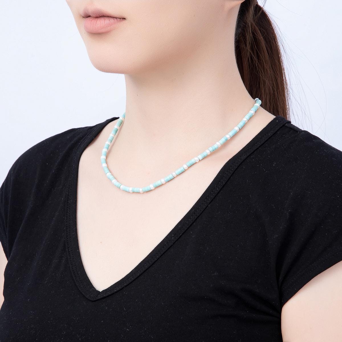 16K Gold Filled 5mm Turquoise Cylinder Beads & White Shell Pearl Choker 18 Inch Necklace Dainty Summer Beach Jewelry Gift for Her | WA-00552