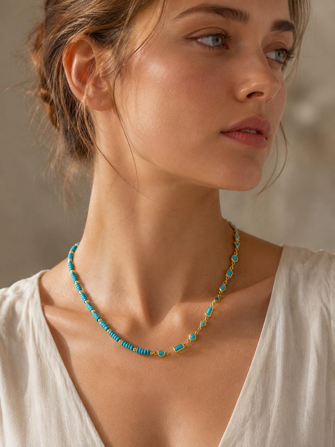 18K Gold Filled Floating Turquoise Multi Cut Rondelle Bezel Half Cable Gemstone Floating Necklace Chain 19 Inch Necklace | WA-01384